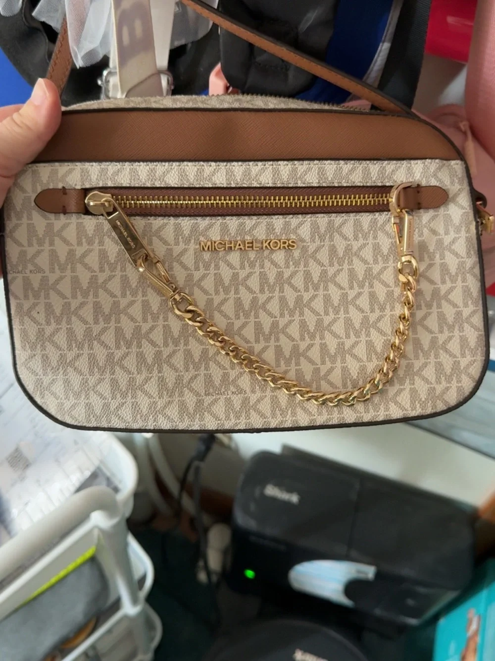 Michael Kors Cream Logo Crossbody with Brown Trim and Gold Chain